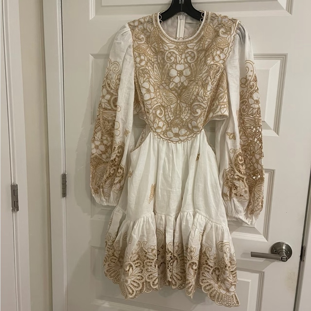 Zimmermann White and Gold Lace Long Sleeve Mini Dress